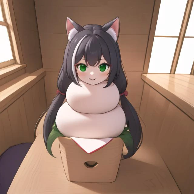 karyl,green eyes, cat ears, black hair,
((girl made of sticky rice cake:1.2),(sticky white skin:1.2)), (masterpiece:1.2), ultra detail, best quality, smile,(kagamimochi:1.2), head on rice cake, open mouth, (((rice cakes stacked layer by layer:1.3), (orange ball on girl's head:1.2))), ,((on square wooden base:1.2), a pair fern, paper between rice cake to wooden base),(tatami,japanese livingroom kotatsu),
<lora:kagamimochi-002_0.7:1.3><lora:KarylChanV1.1-000009:0.9>