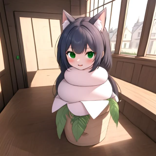 karyl,green eyes, cat ears, black hair, ((angry, open mouth)),
((girl made of sticky rice cake:1.2),(sticky white skin:1.2)), (masterpiece:1.2), ultra detail, best quality, smile,(kagamimochi:1.2), head on rice cake, open mouth, (((rice cakes stacked layer by layer:1.3), (orange ball on girl's head:1.2))), ,((on square wooden base:1.2), a pair fern, paper between rice cake to wooden base),(tatami,japanese livingroom kotatsu),
<lora:kagamimochi-002_0.7:1.3><lora:KarylChanV1.1-000009:0.8>