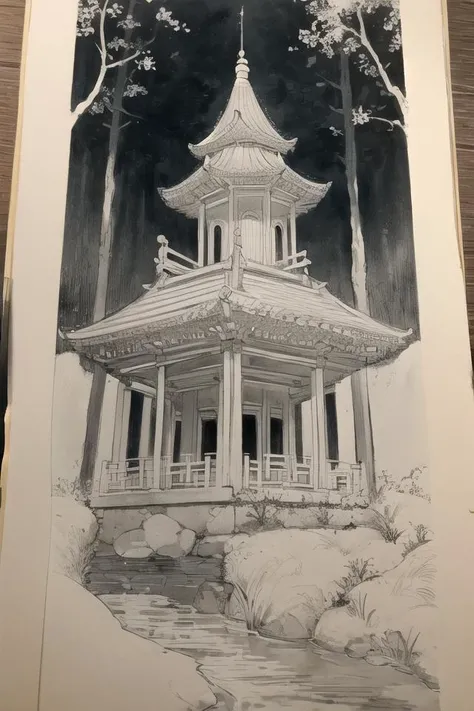 traditional Chinese ink wash painting, majestic mountain range emerges from the mist, their peaks reaching towards the heavens. A winding river flows gracefully through the landscape, reflecting the tranquility of the surroundings. An ancient pavilion, weathered by time, stands proudly amidst the scene, its roof tiles adorned with intricate patterns. Graceful willow trees sway gently with the breeze, their branches cascading downwards like flowing ink. The artist employs subtle ink wash textures, creating a sense of depth and dimension. Delicate brushwork captures the essence of the subject, using a monochromatic color palette to evoke a timeless aesthetic. The composition is meticulously crafted, striking a harmonious balance between empty and solid spaces. Rhythmic ink lines guide the viewer's eye, leading them on a visual journey through the artwork. Symbolic elements, such as cranes or lotus flowers, add layers of meaning to the piece. The overall effect is one of contemplation and serenity, inviting the viewer to immerse themselves in the meditative atmosphere of traditional Chinese ink wash painting.