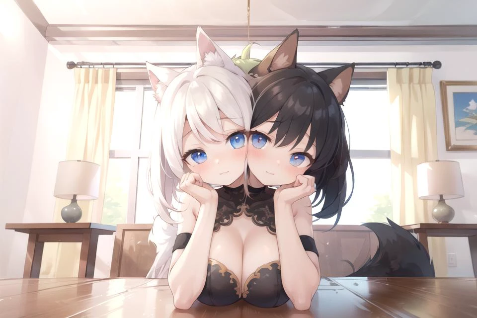 (highly detailed:1.4), (best quality:1.4),(masterpiece:1.4), (((illustration))), beautiful detailed eyes, (anime:1.2), (moe), official art, novel illustration, game CG, an extremely delicate and beautiful girl, pixiv, dramatic, kawaii, (glowing eyes:1.2),
(shiny skin),(various hairstyles,various hair color),((dog ears)), dog girl, dog tail, tail,(short hair), large breasts,sagging breasts, hanging breasts, (face with hands:1.5), indoors, pov, looking at viewer, (waiting),wagging tail,((three heads, 3head):1.5)
<lora:threeheads-v1:1.2>