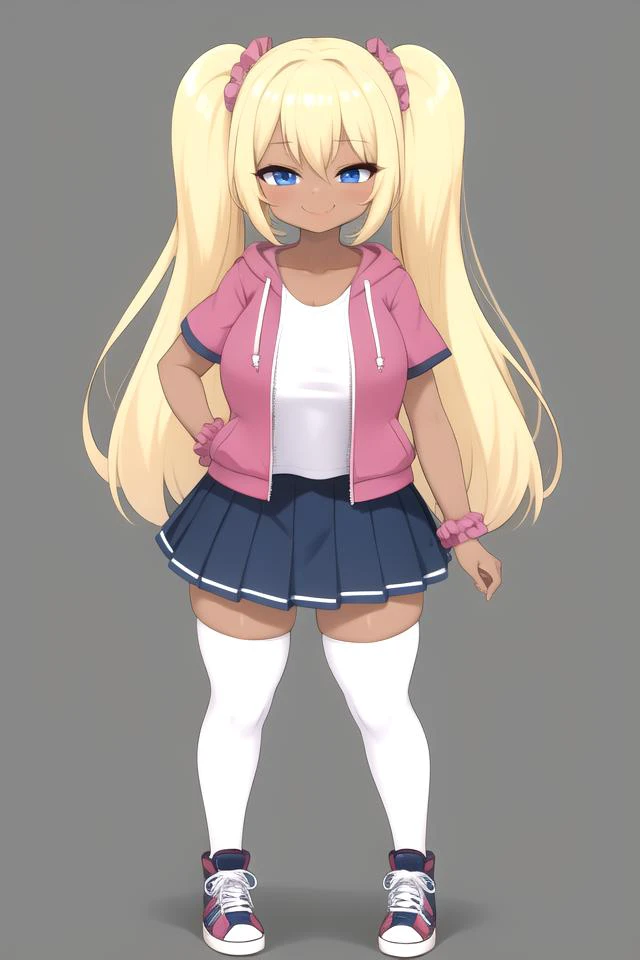 ((cinematic light)), (colorful:1.2), hyper detail, dramatic light, intricate details, (best quality:1.2), highly detailed,Anime, Moe, illustration, (wallpaper, masterpiece, ultra-detailed, best shadow), (beautiful detailed face, beautiful detailed eyes), high contrast, (best illumination, an extremely delicate and beautiful),((very aesthetic)),solo, 1girl,
little girl,standing,knees together,puffy hair, blonde hair,twintails,blue eyes,dark skin,half-closed eyes,smirk,blush,fang,breasts, blue hoodie jacket,short sleeves,stripe camisole,tiered skirt,wrist scrunchie,white cute pattern thighhighs,sneakers,partially unzipped,white background,