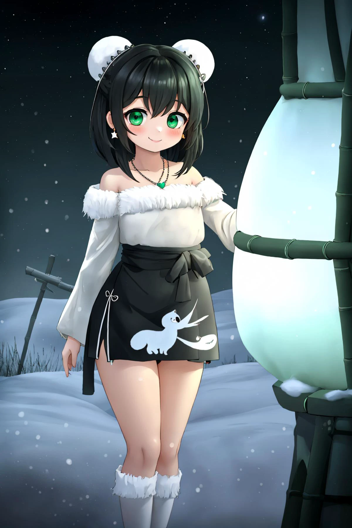 masterpiece, ultra-detailed, stunning art, illustration, 8k cg wallpaper, sharp focus, 1girl, solo, standing in a snowy bamboo forest, perfect anatomy, cute face, smiling, blushing, sparkling eyes, deep green eyes, beautiful detailed eyes, black hair, shoulder-length hair, two hair buns, cute hair accessories, cute earrings, cute necklace, qipao, perfect arms, perfect hands, perfect fingers, perfect legs, cute leg accessories, cute, pretty, beautiful, sexy, perfect body, (background: snowy bamboo forest at night, moon, stars, paper lanterns, intricately detailed items in background), <lora:NeverAlone:1>