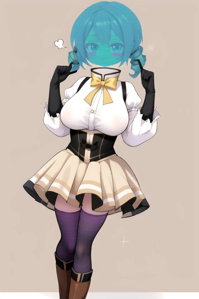 1girl, solo, hair_ornament,mami tomoe, blonde hair, drill hair, twin drills, (hologram girl:1.6) BREAK
boots, brown footwear, brown gloves, corset, detached sleeves, fingerless gloves, gloves, hat, juliet sleeves, knee boots, long sleeves, magical girl, puffy sleeves, skirt, striped, striped thighhighs, thighhighs, thighs, vertical stripes, vertical-striped thighhighs, yellow skirt BREAK
((cinematic light)), (colorful:1.2), hyper detail, dramatic light, intricate details, (best quality:1.2), highly detailed,Anime, Moe, illustration, (wallpaper, masterpiece, ultra-detailed, best shadow), (beautiful detailed face, beautiful detailed eyes), high contrast, (best illumination, an extremely delicate and beautiful),((very aesthetic)),<lora:hologram_girl_v10:1.3><lora:mamitest:1>