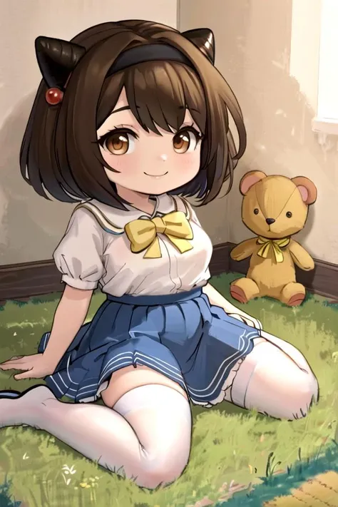Crayon drawings scattered on the ground, yaiaori, wariza, smile, white thighhighs, blue skirt,(breasts:0.7), brown hair, brown eyes, horns, teddy bear,BREAK
((cinematic light)), (colorful:1.2), hyper detail, dramatic light, intricate details, (best quality:1.2), highly detailed,Anime, Moe, illustration, (wallpaper, masterpiece, ultra-detailed, best shadow), (beautiful detailed face, beautiful detailed eyes), high contrast, (best illumination, an extremely delicate and beautiful),((very aesthetic)),<lora:hiting-yaia2:0.7>