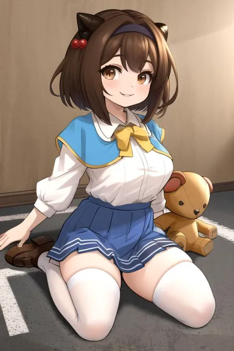 Crayon drawings scattered on the ground, yaiaori, wariza, smile, white thighhighs, blue skirt, brown hair, brown eyes, horns, teddy bear, BREAK 
((cinematic light)), (colorful:1.2), hyper detail, dramatic light, intricate details, (best quality:1.2), highly detailed,Anime, Moe, illustration, (wallpaper, masterpiece, ultra-detailed, best shadow), (beautiful detailed face, beautiful detailed eyes), high contrast, (best illumination, an extremely delicate and beautiful),((very aesthetic)),<lora:hiting-yaia2:0.7>