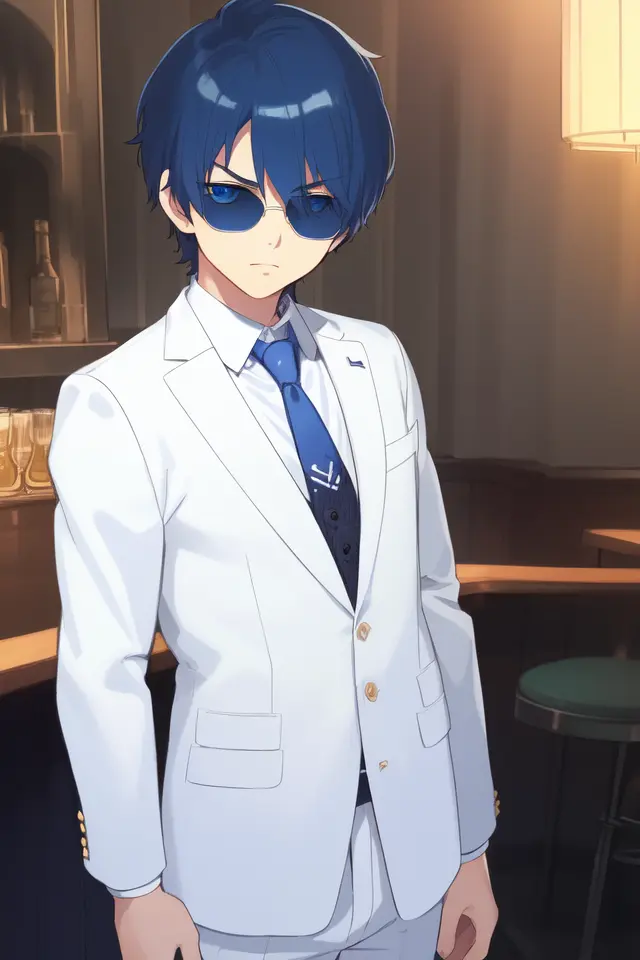 best quality,highly detailed,ultra-detailed,masterpiece,illustration,beautiful detailed eyes, Anime, Moe,(((illustration))), (((solo))), ((1boy)), adult male, ((deepblue eyes)),(((darkblue hair))),((((very short hair)))),serious, (((white suit))),bartender,necktie,(((1 sunglasses on eyes))) ,white suit pants,dim light,pub,