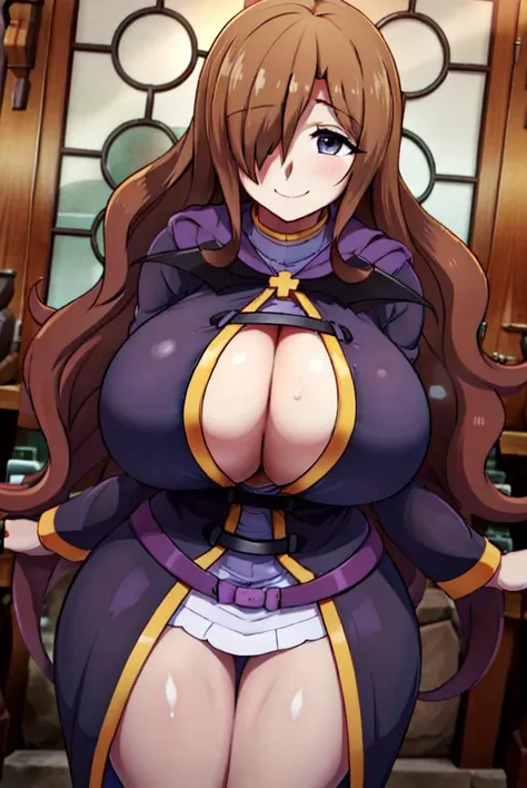 (best quality, high quality, absurdres, masterpiece), (perfect face), ((perfect eyes:1.1)), cowboy shot, 1girl, <lora:WizKonosubaLora:0.9>, wizkonosuba, strap gap, straps, gigantic breasts, bursting breasts, no undershirt, cleavage, cleavage cutout, leaning forward, hanging breasts, from side, hair over one eye, long hair, wide hips, thick thighs, purple dress, short dress, seductive smile, trembling, scared, looking at viewer,