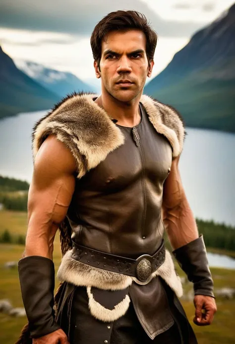 Ultra-detail, (highres:1.1), best quality, (masterpiece:1.3), DJ AM Villanueva a man <lora:rajkummar-rao_DJ-AM:1>, a Viking warrior prince wearing fur and leather armor rags rising above a battlefield, scales, handsome 23yo Norway male model, dynamic posture posing, full-body from above, dramatic angle. hairy body, skinny muscled, perfect biceps, great pecs, thin waist, perfect jawline, strong and powerful, sporty, great detail, satisfaction,