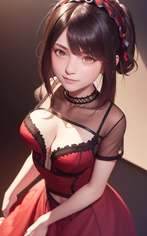 (masterpiece, finely detailed beautiful eyes: 1.2), long hair, realistic lighting, beautiful lighting, raytracing, photorealistic, (hyperrealistic:1.2), highres, 4k, 8k, (extremely detailed CG, 8k wallpaper:1.1), extremely detailed, sharp, digital illustration, detailed, realism, beautiful face, highly detailed face, ultra-realistic, masterpiece, detailed eyes, hyper-detailed, volumetric lighting, realistic shadows, intricate details, small details, <lora:Tokisaki Kurumi v1:0.7>, red dress, smile, (black mesh sheer top:1.2), heterochromia, medium_breasts,