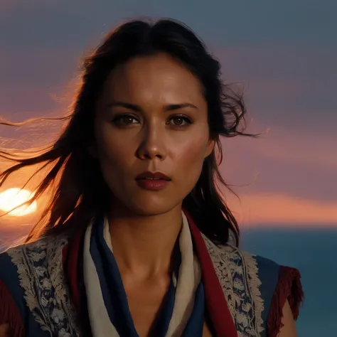lexa_doig, <lora:LexaDoigXL:1>,, long hair, hair ornament, floral dress, scarf, ((dusk)),sunset glow,standing on the ((headland)),extremely beautiful (red sun),seabirds ,a few thin clouds in the sky,cowboy shot,, (masterpiece, best quality, ultra-detailed, best shadow), high contrast, (best illumination), ((cinematic light)), colorful, hyper detail, dramatic light, intricate details, (1 girl, solo) , ultra detailed artistic photography, dreamy, backlit, shadows, ultra high definition, 8k, ultra sharp focus, ultra high quality model, soft lighting, film photography, analogue photography, hyperrealism,, ((sharp face, detailed face, realistic face, naturtal skin, realistic skin, detailed skin, pores)), ((perfect eyes, detailed eyes,realistic eyes))