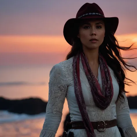 lexa_doig, <lora:LexaDoigXL:1>,,  long hair,  hair ornament, floral dress, scarf, ((dusk)),sunset glow,standing on the ((headland)),extremely beautiful (red sun),seabirds ,a few thin clouds in the sky,cowboy shot,, (masterpiece, best quality, ultra-detailed, best shadow), high contrast, (best illumination), ((cinematic light)), colorful, hyper detail, dramatic light, intricate details, (1 girl, solo) , ultra detailed artistic photography, dreamy, backlit, shadows, ultra high definition, 8k, ultra sharp focus, ultra high quality model, soft lighting, film photography, analogue photography, hyperrealism,, ((sharp face, detailed face, realistic face, naturtal skin, realistic skin, detailed skin, pores)), ((perfect eyes, detailed eyes,realistic eyes))