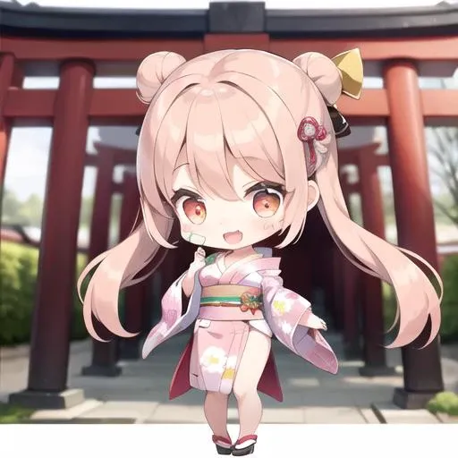 <lora:nnchibi1:0.6>,
nnchibi, 1girl,  solo, 
long hair, light pink hair, hair_ornament,blur,band-aid on face, light laughing,
middle breasts, kimono,japanese clothes, clothing pattern,torii, 
 clogs, 
standing, 
dynamic background,light,colorful, cold light,cold color,
