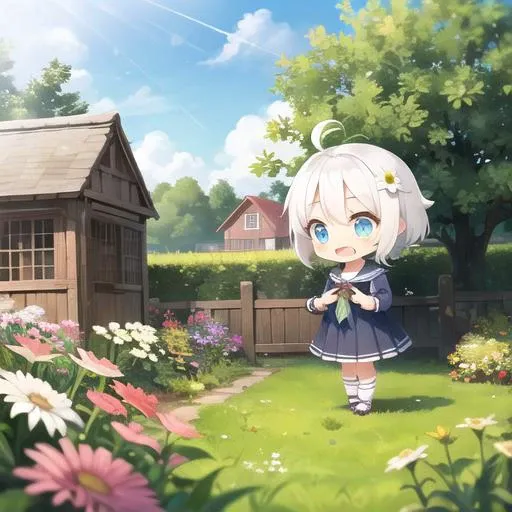 <lora:nnchibi1:0.5>,
nnchibi, 1girl,  solo, 
short hair, white hair, hair_ornament,blur,band-aid on face, light laughing,flower hair ornament,
middle breasts, serafuku, white and blue cloth,
cute shoes,
standing, 
garden,flower, shack,window,sun,sky,sunlight, warm sunlight,
dynamic background,light,colorful, warm color,cinematic angle