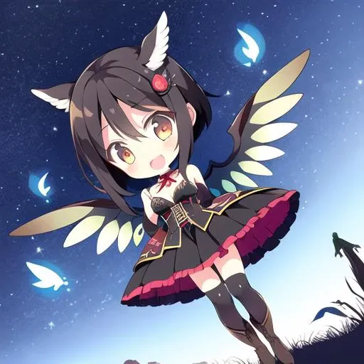 <lora:nnchibi1:0.8>,
nnchibi, 1girl, solo,
short hair, light black hair, hair_ornament,blur, close mouth,buttfly hair ornament,
middle breasts, ,witch dress,wand,wings like flames,
witch_boots,
standing,
forest,cloud,wind,magic,firefly,night,
dynamic background,light,colorful, cold color,dutch angle,
masterpiece, best quality, ultra-detailed