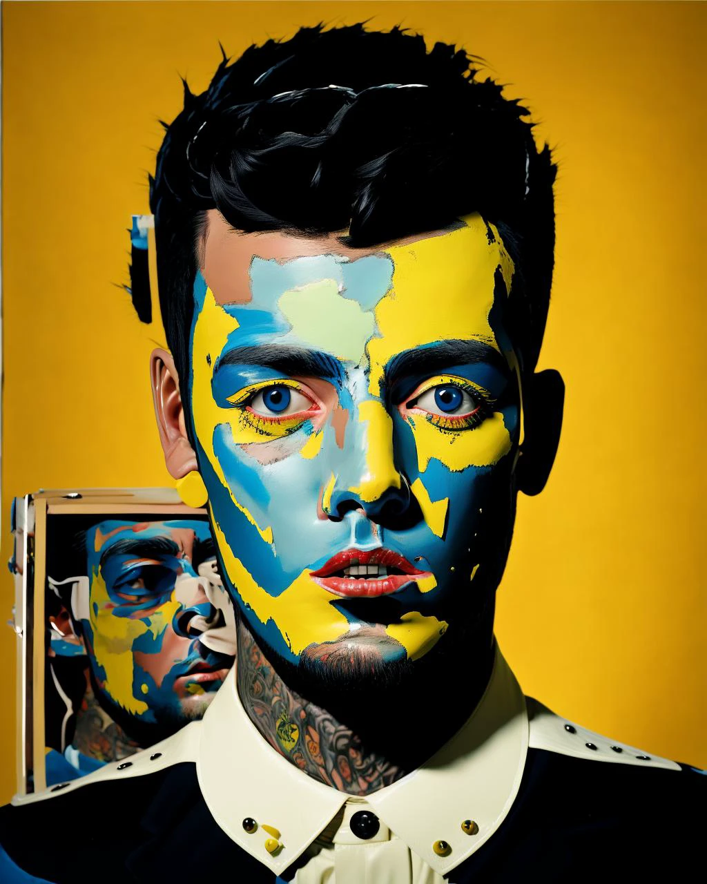 a painting of a man with a black hair , solo, simple background, black hair, 1boy, male focus, parted lips, black eyes, piercing, portrait, yellow background , <lora:Creepy_Journey:1>