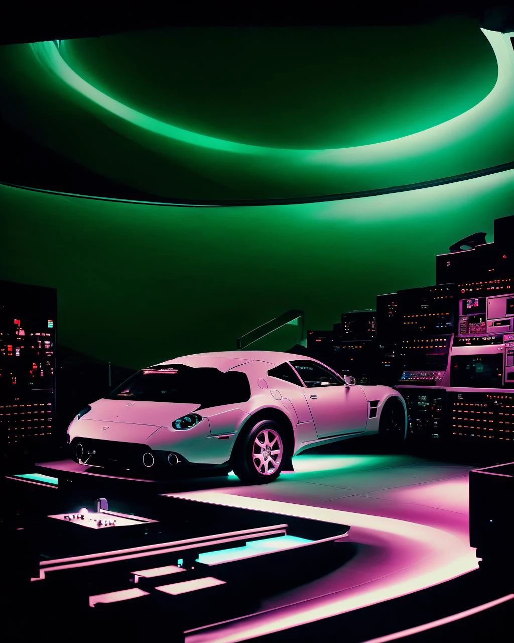 a car is parked in a white tunnel , a control room with a lot of monitors , <lora:Creepy_Journey:1>