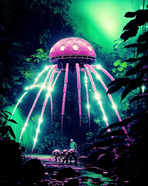 Deep within a lush rainforest, a scientist discovers a new species of bioluminescent insects, their soft glow creating a surreal and enchanting ambiance: rainforest exploration:0.9, bioluminescence:0.8, new species discovery:0.7, enchanting ecosystem:0.6.  , <lora:Creepy_Journey:1>