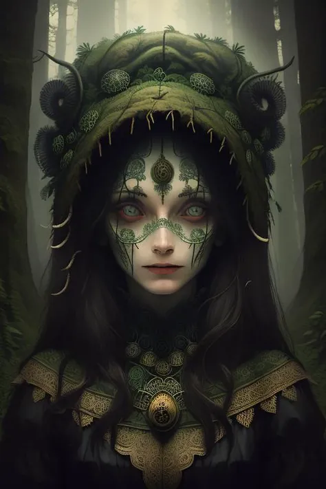 woman in a mythical forest, masterpiece, perfect face, intricate details, horror theme <lora:Creepy_Journey:1> creepy