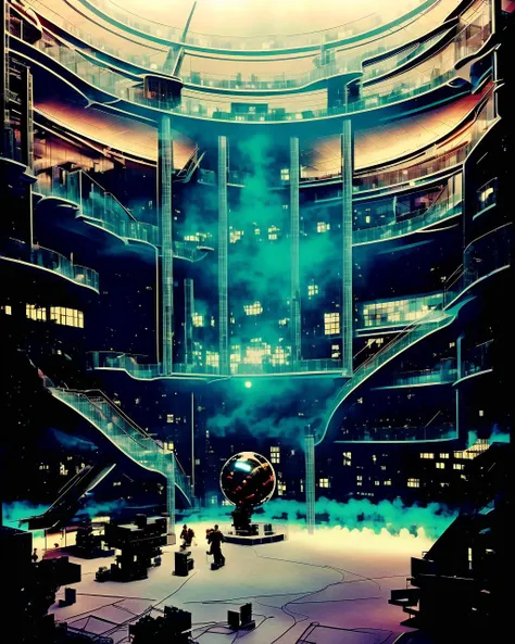 a large building with a bunch of stairs , a futuristic space station with a large window , <lora:Creepy_Journey:1>