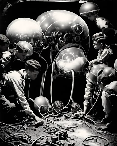 a black and white photo of a man and woman in a space station , short hair, monochrome, greyscale, male focus, multiple boys, 2boys , <lora:Creepy_Journey:1>