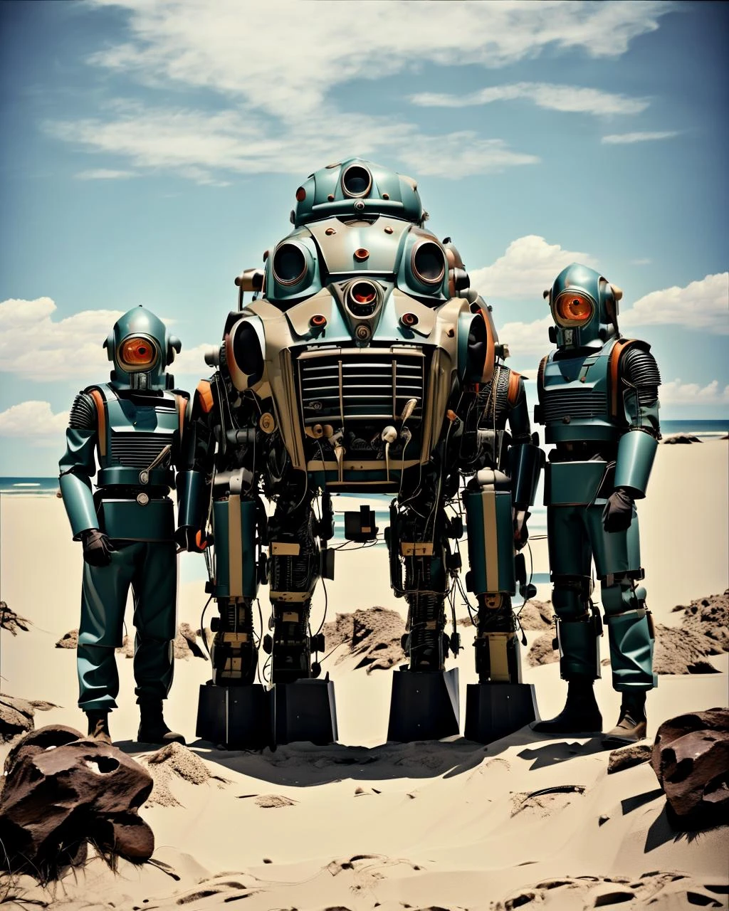 a group of people in costumes standing in the sand , gloves, weapon, male focus, boots, outdoors, multiple boys, sky, cape, armor, military, mask, facial hair, helmet, robot, mecha, beard, science fiction, 6+boys, realistic, sand, retro artstyle, bald, manly, power armor, spacecraft, tunic, soldier, spacesuit, desert , <lora:Creepy_Journey:1>