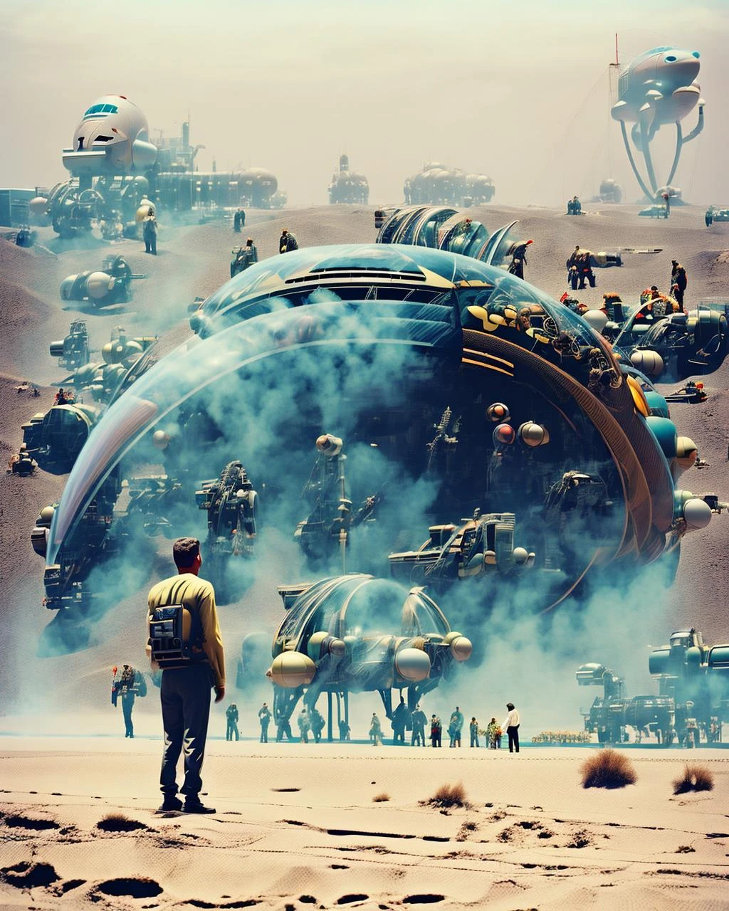 a man standing in front of a giant spaceship , holding, standing, outdoors, multiple boys, science fiction, realistic, sand, desert , <lora:Creepy_Journey:1>