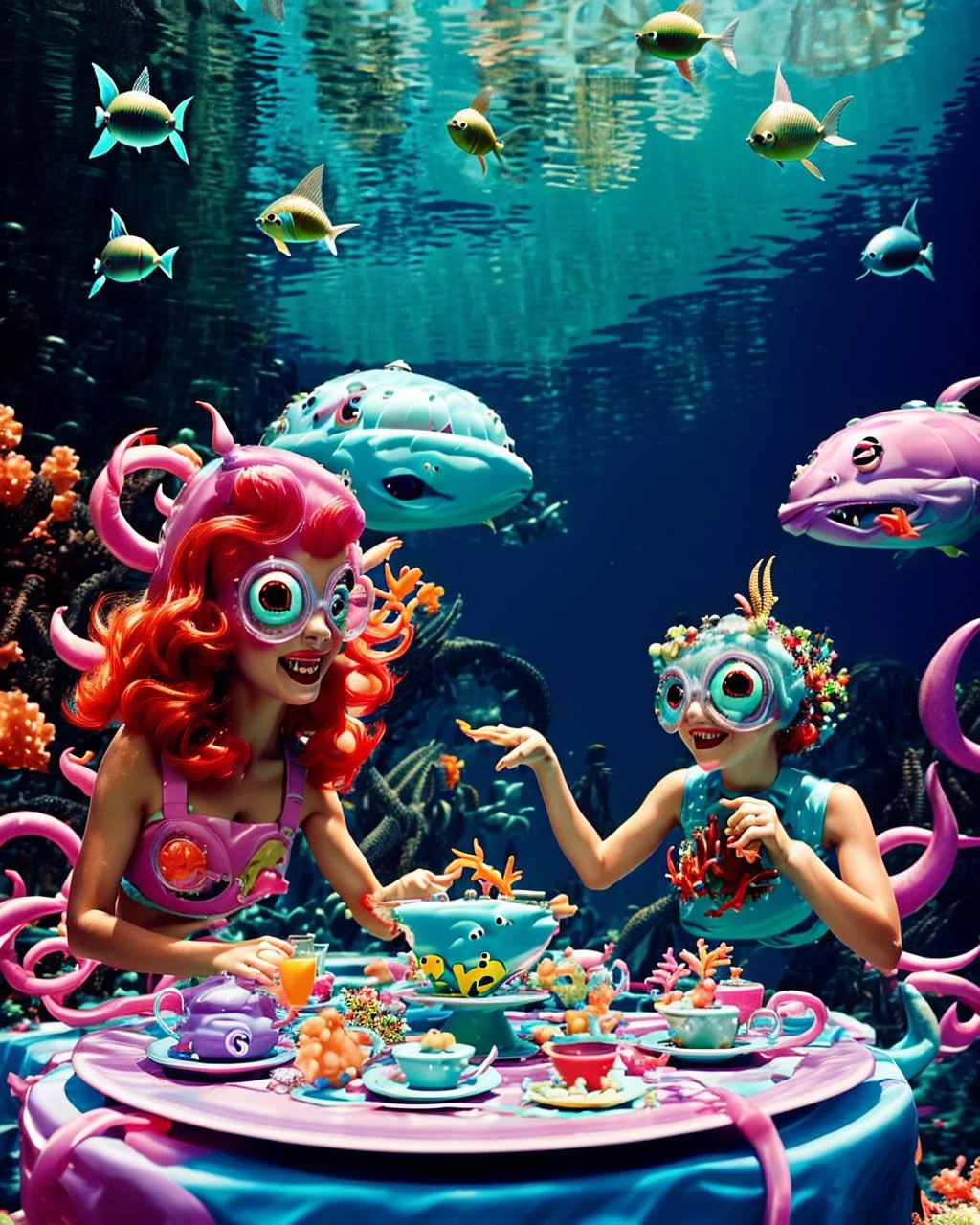 A whimsical underwater tea party hosted by mermaids, colorful fish and aquatic creatures joining in the festivities, captured in a playful and vibrant illustration that radiates joy and imagination. , <lora:Creepy_Journey:1>
