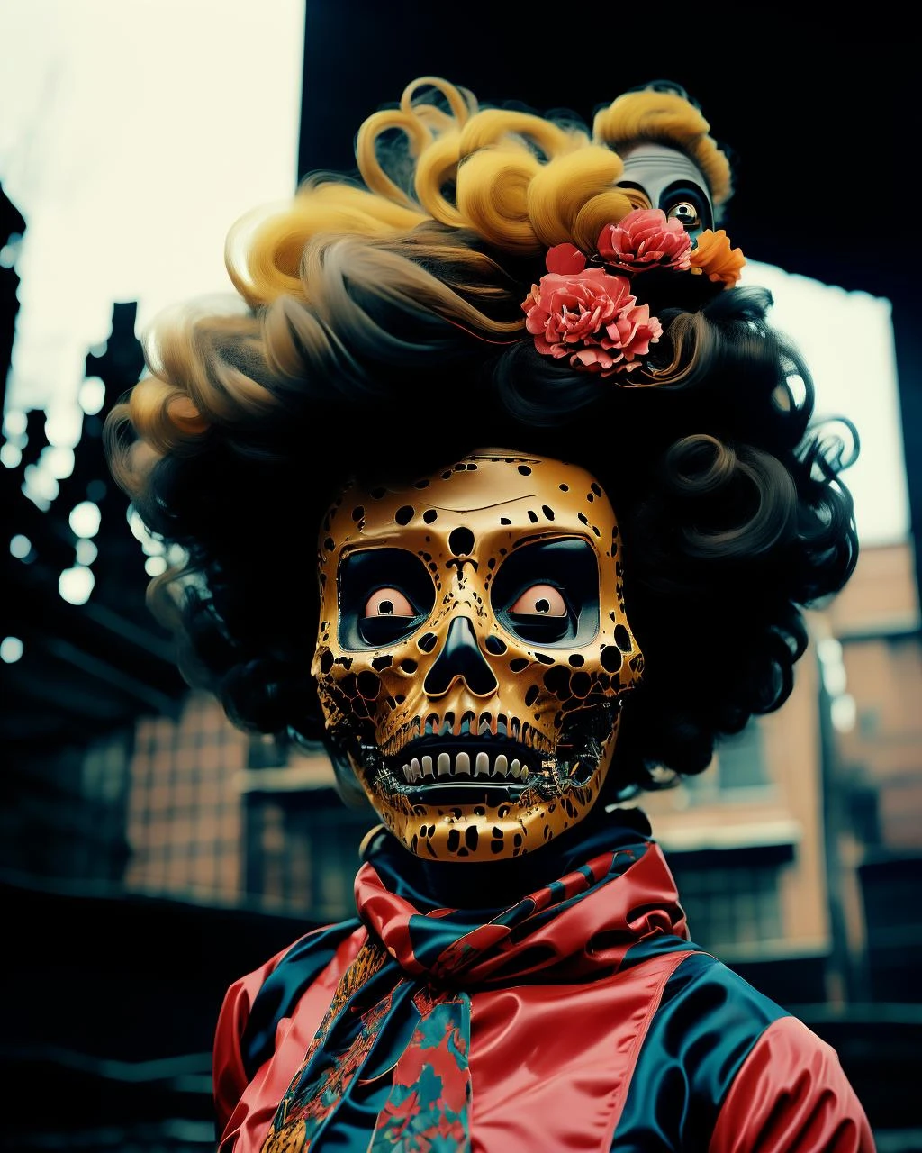 creepy portrait of a woman with a large afro wearing a scarf , <lora:Creepy_Journey:1>