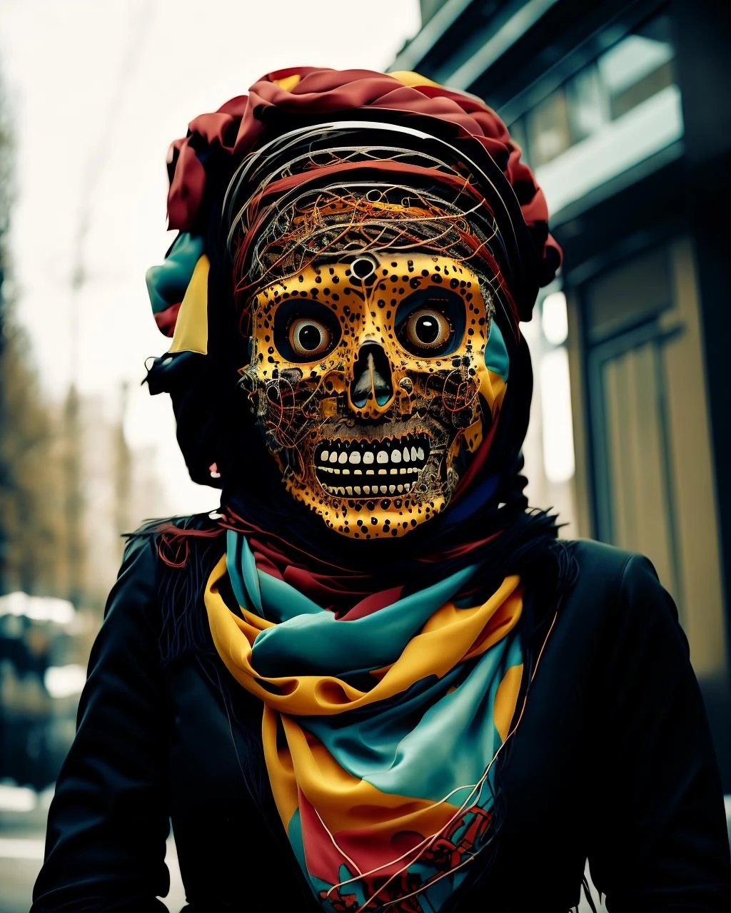 creepy portrait of a woman with a scarf and a scarf around her head , <lora:Creepy_Journey:1>