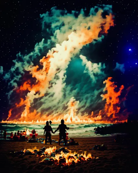Beneath a canopy of stars, a group of friends enjoys a bonfire on a sandy beach, laughter and music carrying on the ocean breeze, a celebration of life and connection: beach bonfire:0.9, starlit night:0.8, joyful camaraderie:0.7, ocean's embrace:0.6. , <lora:Creepy_Journey:1>