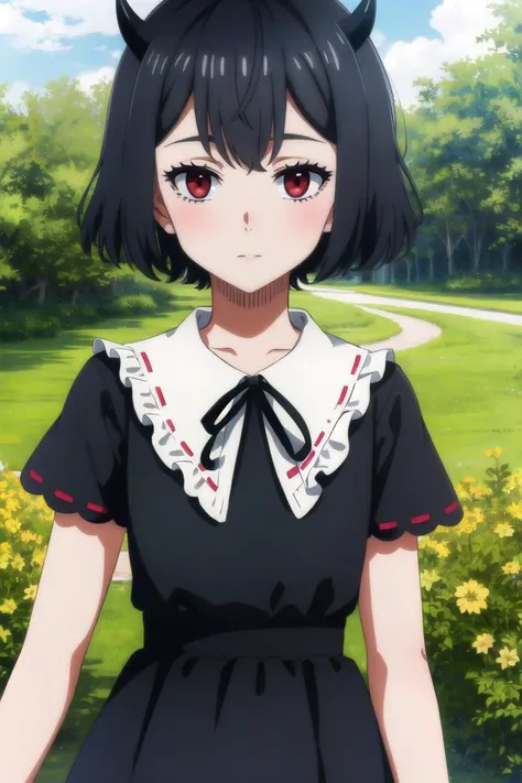(masterpiece, best quality), intricate details, <lora:Nero_SecreBLCV:0.8>, 1girl, solo, Nero, black hair, short hair, ahoge, red eyes, horns, summer clothes, white&black frills shirt, red ribbon trim, outdoors, looking at viewer,
