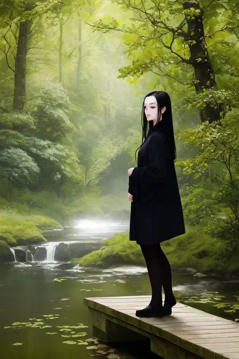 A grim woman standing on a footbridge over a stream, jyojifuku,kung fu, no pants,thighs, green eyes, long black hair, scar on cheek, old mossy bridge, ancient forest, tension, beautiful, perfect composition, painterly, high quality, a masterpiece