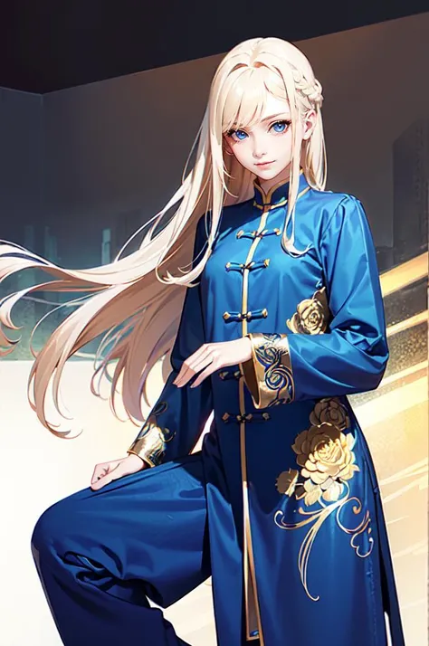 <lora:kung fu v1.0:0.6> jyojifuku, kung fu pants,, absurdres, ultra detailed, masterpiece, best quality, aesthetic, detailed,, solo, soft smile, light smile,
katya1, 1girl, blue eyes, very long hair, blonde hair, long blonde hair, french braid, bangs, medium breasts,