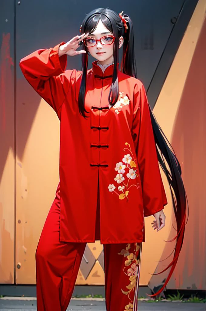 <lora:kung fu v1.0:0.6> jyojifuku, kung fu pants,, absurdres, ultra detailed, masterpiece, best quality, aesthetic, detailed,, solo, smug smile, 1girl, purple eyes, red-framed eyewear, (black hair, red colored tips:1.2), red streaked hair, very long hair, side ponytail, tied hair, medium breasts, <lora:DipDyedHair:1> red IncursioDipDyedHair,