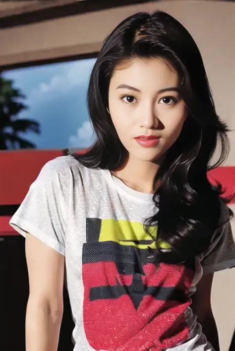 8k, best quality, ultra realistic,(photorealistic:1.37),high res,1girl, (t-shirt:1.8),(floating hair:1.2), (skindentation), (professional lighting),(huge breasts:1.2),ultra-detailed,(shiny skin:1.3),(plump:1.25), (blouse:1.35), (light particles, lens flare, glowing particles:0.6),(dynamic pose:1.15), looking at viewer, specular lighting, soft lighting, sunlight,, (small head:1.47), pureerosface_v1, <lora:lijiaxin:1>