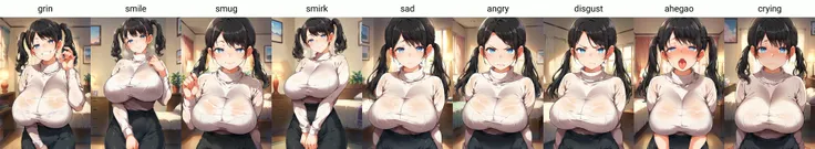 score_9, score_8_up, score_7_up, source_anime, 1girl,blue eyes,twintails, black hair, turtleneck sweater, white sweater, black skirt, grin,looking at viewer, from front, bedroom, standing, huge breasts <lora:Maron_Maron-Style-PonyXL-Dora-000010:1>
