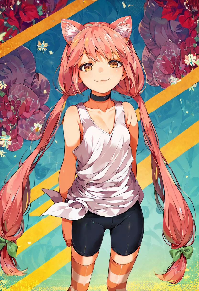 score_9, score_8_up, score_7_up, high resolution, masterpiece, high quality, best quality, highly detailed, rating questionable, detailed background, <lora:nekomiyahinata_pdxl:1>, nekomiyahinata, 1girl, long hair, twintails, pink hair, cat ears, white tank top, bike shorts, choker, striped socks, sassy smile, <lora:Maron_Maron-Style-PonyXL-Dora:1>