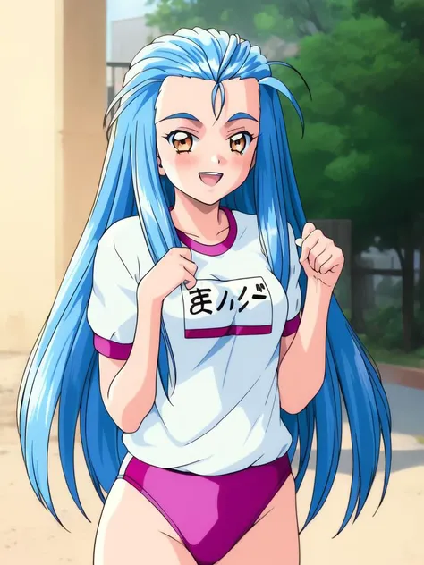 <lora:Minazuki_Kotoko:1>MinazukiKotoko, 1girl. soro, blue_hair, long_hair, orange_eyes, ãbreasts
buruma, blush, gym uniform, smile, open mouth, name tag,
masterpiece, high quality, very_high_resolution, large_filesize, full color,