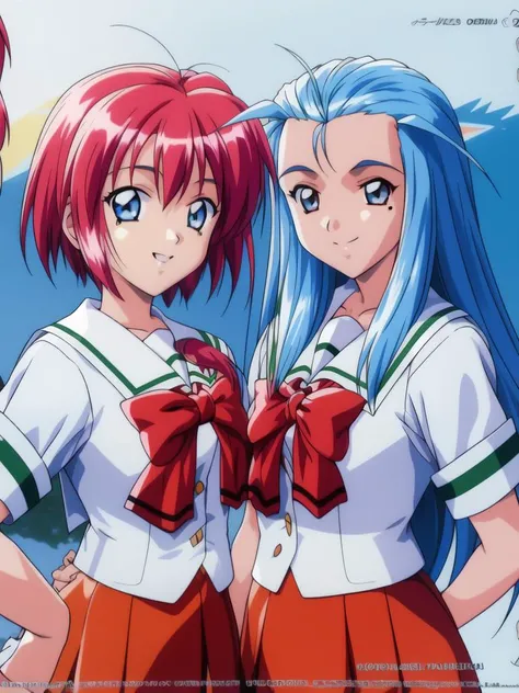 <lora:Minazuki_Kotoko:1>MinazukiKotoko, multiple girls, mole under eye, mole, 2girls, school uniform, red hair, short hair, long hair, blue eyes, blue hair, skirt, dvd cover, bow, brown eyes, smile, shirt, orange skirt, red bow, day,
masterpiece, high quality, very_high_resolution, large_filesize, full color,