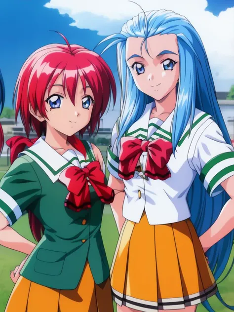 <lora:Minazuki_Kotoko:1>MinazukiKotoko, multiple girls, mole under eye, mole, 2girls, school uniform, red hair, short hair, long hair, blue eyes, blue hair, skirt, dvd cover, bow, brown eyes, smile, shirt, orange skirt, red bow, day,
masterpiece, high quality, very_high_resolution, large_filesize, full color,