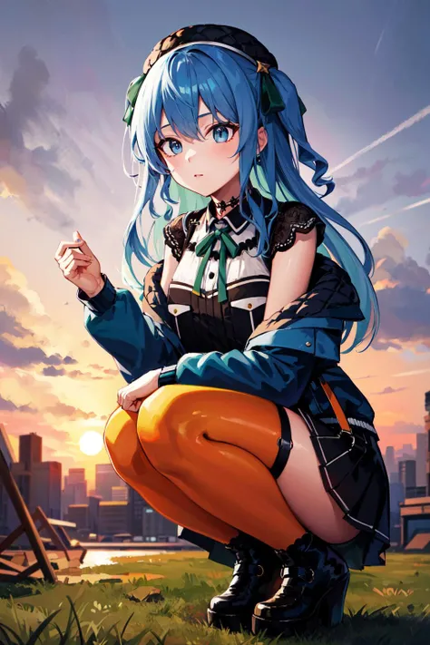masterpiece, best quality, highres,
1girl, solo,
sui2,one side up, hoshimachi suisei, green ribbon,star \(symbol\), green bow,
orange pantyhose, black skirt, off shoulder, blue jacket, jewelry, short sleeves, thigh strap, choker, black shirt, lace choker, miniskirt, neck ribbon, black choker, belt,
ruins,sunset,outdoor,
squatting, <lora:hoshimachiSuisei_v10:0.7>