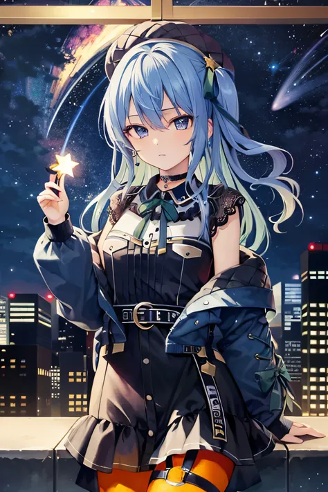 (watercolor:1.1),(masterpiece, high quality,best quality:1.2),(limited palette:0.8),
1girl, sui2,solo, one side up, hoshimachi suisei, orange pantyhose, green ribbon, black skirt, star \(symbol\), off shoulder, blue jacket, jewelry, long sleeves, thigh strap, black shirt, miniskirt, neck ribbon, green bow, black choker, belt,star in eye,star symbol in eye,(single_hair_bun:1.2),BREAK,
expressionless, city,(night sky,starry sky,cityscape,galaxy:1.2) high detailed background, <lora:hoshimachi_suisei_v1:0.8>