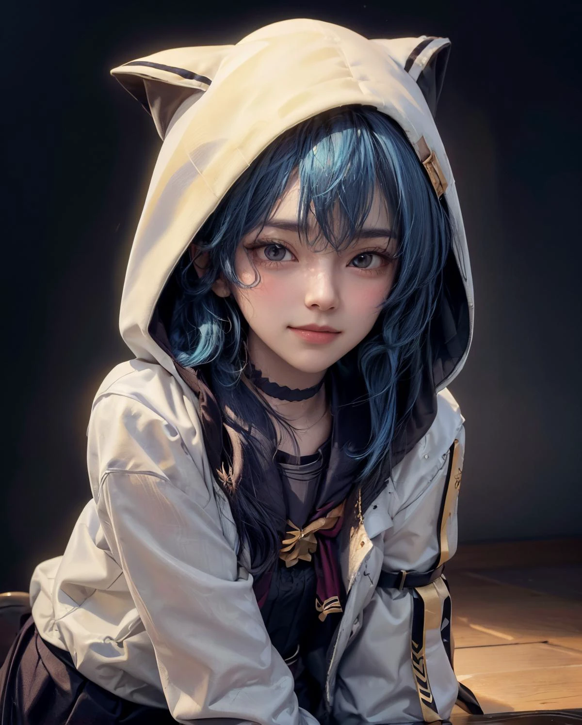 best quality, masterpiece, portrait, a photography of a beautiful girl, detailed face, naughty smile, (blush:1.2), blue hair, random background,
<lora:hoshimachi_suisei_v1:0.9> best quality, intricate details, <lora:add_detail:0.8> sui3, hood up, hoshimachi suisei, solo, white jacket, animal hood, white socks, open jacket, pleated skirt, black skirt, black sailor collar, black choker, school uniform, black shirt, puffy long sleeves, hoshimachi suisei, (flat chest, small breasts), teen , detailed face, (slim, athletic_body), (film_grain:1.1),
<lora:pureInnocentGirl_v10(Pure_Innocent_girl):0.5>, Pure_Innocent_girl,|} pureerosface_v1:0.125, (extremeface closeup), pov, (((depth of field))), pale and lustrous skin,
vivid,detailed, realistic, beautiful, stunning lighting, stunning reflections, ,