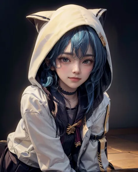 best quality, masterpiece, portrait, a photography of a beautiful girl, detailed face, naughty smile, (blush:1.2), blue hair, random background, 
<lora:hoshimachi_suisei_v1:0.9> best quality, intricate details, <lora:add_detail:0.8> sui3, hood up, hoshimachi suisei, solo, white jacket, animal hood, white socks, open jacket, pleated skirt, black skirt, black sailor collar, black choker, school uniform, black shirt, puffy long sleeves, hoshimachi suisei, (flat chest, small breasts), teen age, detailed face, (slim, athletic_body), (film_grain:1.1),
<lora:pureInnocentGirl_v10(Pure_Innocent_girl):0.5>, Pure_Innocent_girl,|} pureerosface_v1:0.125, (extremeface closeup),  pov, (((depth of field))), pale and lustrous skin, 
vivid,detailed, realistic, beautiful, stunning lighting, stunning reflections, ,