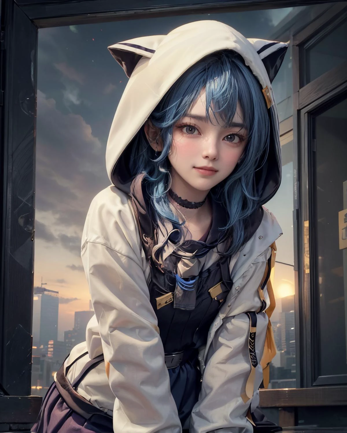 best quality, masterpiece, portrait, a photography of a beautiful girl, detailed face, sweet smile, (blush:1.2), blue hair, random background,
<lora:hoshimachi_suisei_v1:0.9> best quality, intricate details, <lora:add_detail:0.8> sui3, hood up, hoshimachi suisei, solo, white jacket, animal hood, white socks, open jacket, pleated skirt, black skirt, black sailor collar, black choker, school uniform, black shirt, puffy long sleeves, hoshimachi suisei, (flat chest, small breasts), teen , detailed face, (slim, athletic_body), (film_grain:1.1),
<lora:pureInnocentGirl_v10(Pure_Innocent_girl):0.5>, Pure_Innocent_girl,|} pureerosface_v1:0.125, (extremeface closeup), pov, (((depth of field))), pale and lustrous skin,
vivid,detailed, realistic, beautiful, stunning lighting, stunning reflections, sun rise, bokeh mood,