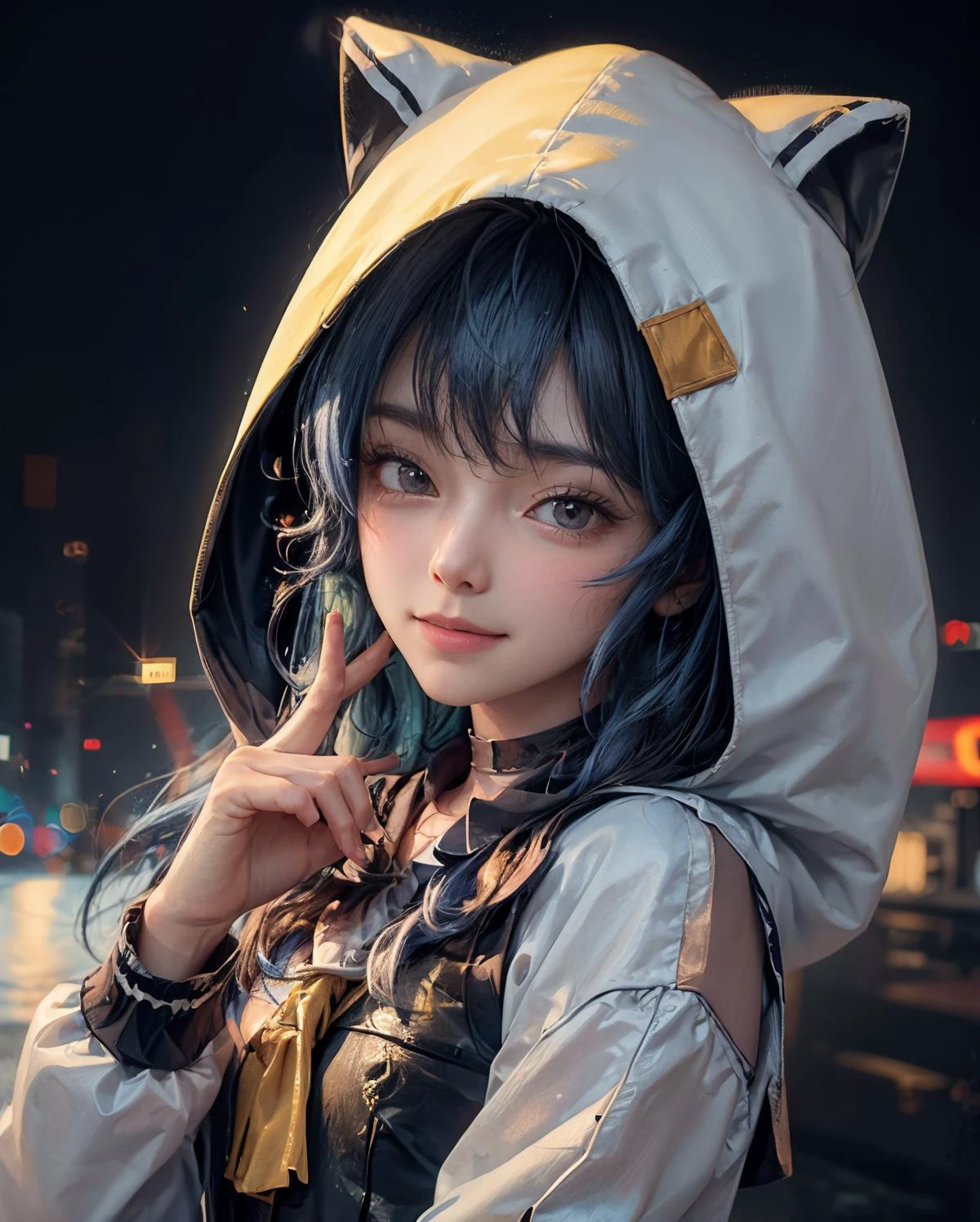 best quality, masterpiece, portrait, a photography of a beautiful girl, detailed face, sweet smile, (blush:1.2), blue hair, random background,
<lora:hoshimachi_suisei_v1:0.9> best quality, intricate details, <lora:add_detail:0.8> sui3, hood up, hoshimachi suisei, solo, white jacket, animal hood, white socks, open jacket, pleated skirt, black skirt, black sailor collar, black choker, school uniform, black shirt, puffy long sleeves, hoshimachi suisei, (flat chest, small breasts), teen age, detailed face, (slim, athletic_body), (film_grain:1.1),
<lora:pureInnocentGirl_v10(Pure_Innocent_girl):0.5>, Pure_Innocent_girl,|} pureerosface_v1:0.125, (upper body), pov, (((depth of field))), pale and lustrous skin,
vivid,detailed, realistic, beautiful, stunning lighting, stunning reflections, sun rise, bokeh mood,