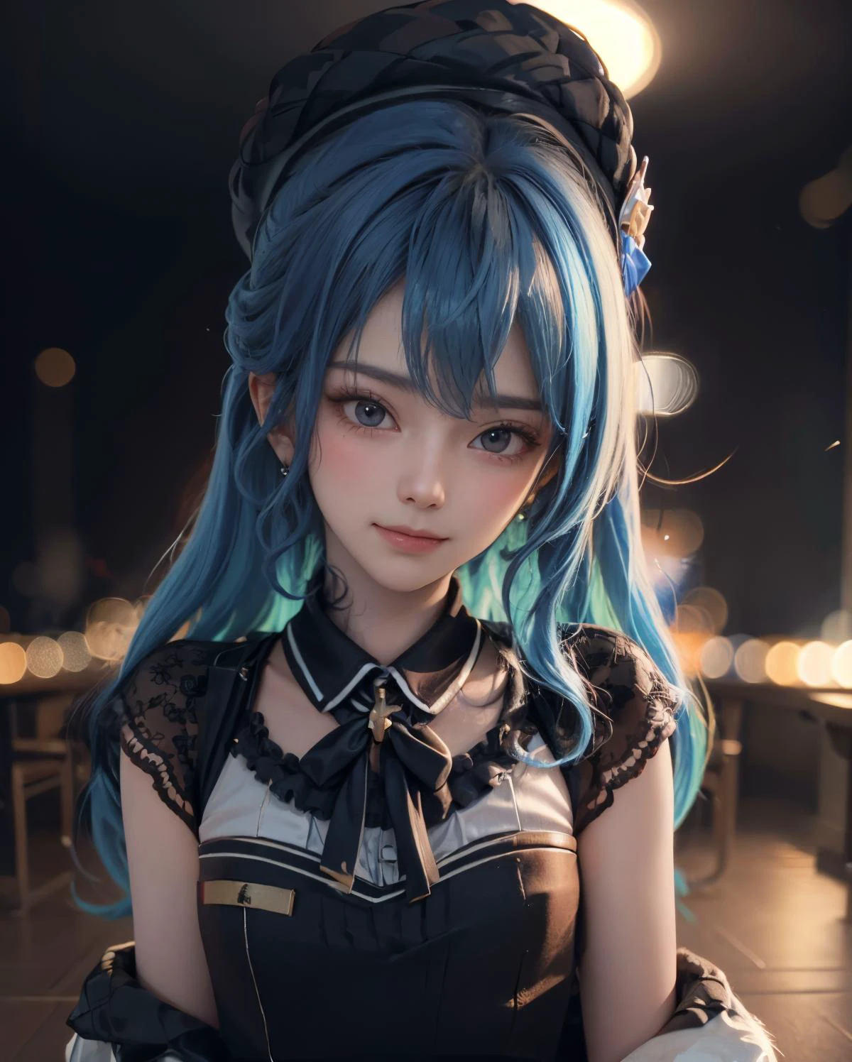 best quality, masterpiece, portrait, a photography of a beautiful girl, detailed face, seductive smile, (blush:1.2), blue hair, random background,
<lora:hoshimachi_suisei_v1:0.9> best quality, intricate details, <lora:add_detail:0.8:INA> hoshimachi suisei, (flat chest, small breasts), , detailed face, (slim, athletic_body), (film_grain:1.1),
<lora:pureInnocentGirl_v10(Pure_Innocent_girl):0.5>, Pure_Innocent_girl,|} , (((torso))), pov, (((depth of field))), pale and lustrous skin,
vivid,detailed, realistic, beautiful, stunning lighting, stunning reflections, sun rise, bokeh mood, Cropped lace blazer,