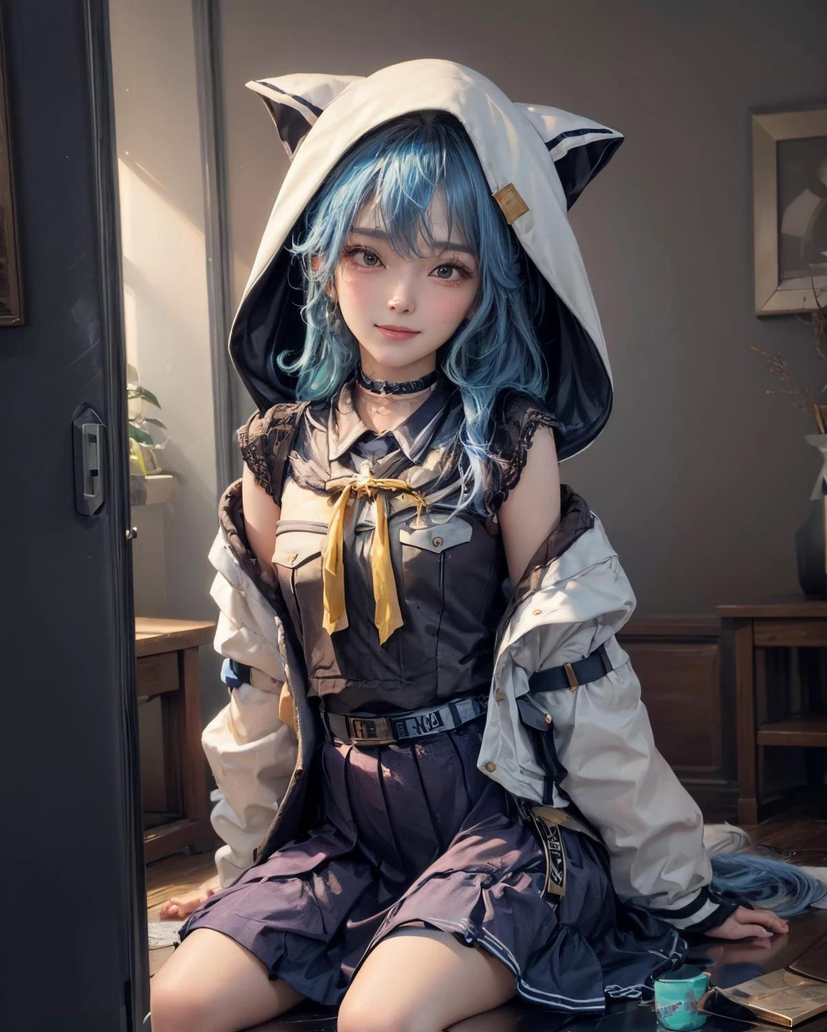 best quality, masterpiece, portrait, a photography of a beautiful girl, detailed face, seductive smile, (blush:1.2), blue hair, random background,
<lora:hoshimachi_suisei_v1:0.9> best quality, intricate details, <lora:add_detail:0.8> sui3, hood up, hoshimachi suisei, solo, white jacket, animal hood, white socks, open jacket, pleated skirt, black skirt, black sailor collar, black choker, school uniform, black shirt, puffy long sleeves, hoshimachi suisei, (flat chest, small breasts), teen , detailed face, (slim, athletic_body), (film_grain:1.1),
<lora:pureInnocentGirl_v10(Pure_Innocent_girl):0.5>, Pure_Innocent_girl,|} , (((torso))), pov, (((depth of field))), pale and lustrous skin,
vivid,detailed, realistic, beautiful, stunning lighting, stunning reflections, ,