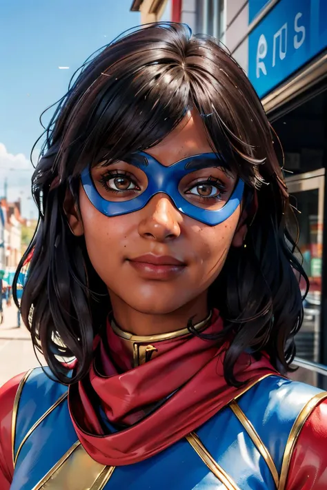 khamala, dark skin, brown eyes, dark brown hair,lips,blue domino mask, red scarf, red bodysuit,gold trim, looking at viewer, smiling, portrait, outside, blue sky, extreme detail, masterpiece <lora:Khamalakhan:.7>