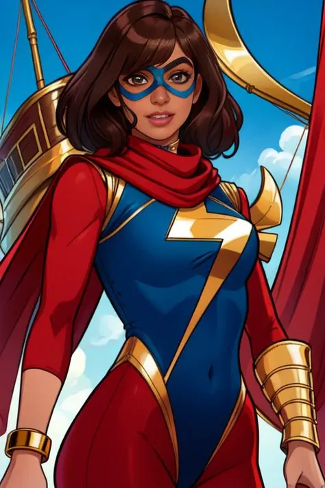 Khamala, brown eyes, dark brown hair,lips, standing, smiling, upper body,
KhanSuit,blue domino mask, red scarf, red and blue bodysuit with gold trim, blue footwear, gold bangle,
flying ship, sky,
(insanely detailed, beautiful detailed face, masterpiece, best quality) <lora:Khamalakhan-10:0.7>
